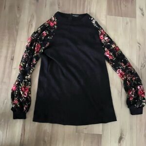 Floral Sleeve Black Top